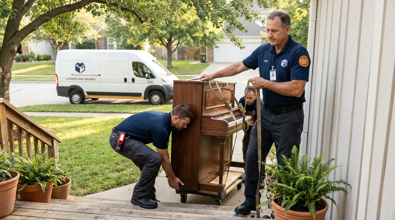 Licensed piano movers securing grand piano in Barrington, IL